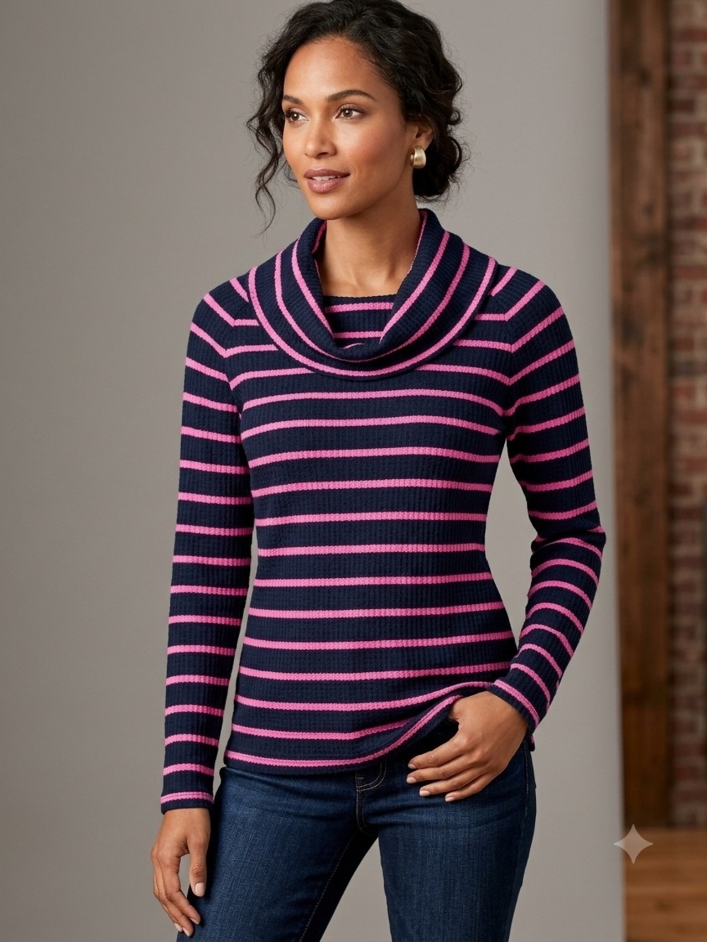Talbots Navy and Pink Striped Cowl Neck Sweater
